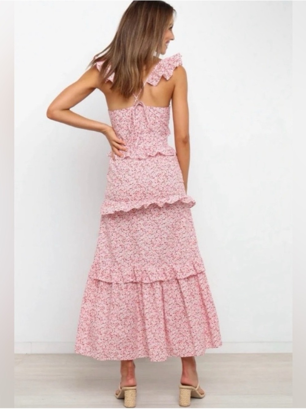 NWT Petal & Pup Floral Tiered Maxi Dress Pink Ruffle Tie Strap US 2 - Picture 2 of 7